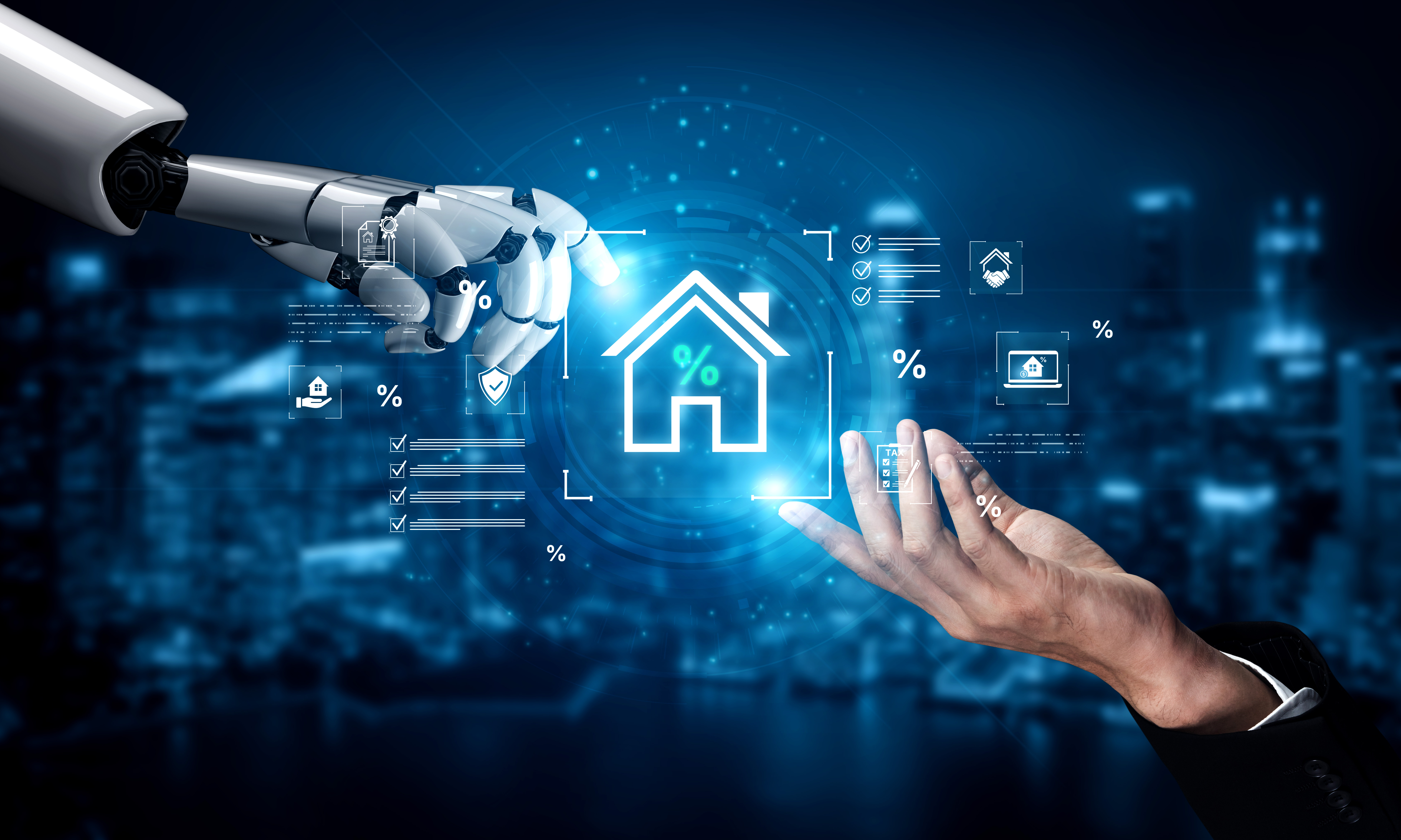Futuristic digital illustration of a robotic hand and a human hand interacting around a glowing house icon, surrounded by percentage symbols, checklists, and real estate-related interface elements against a blurred cityscape background.