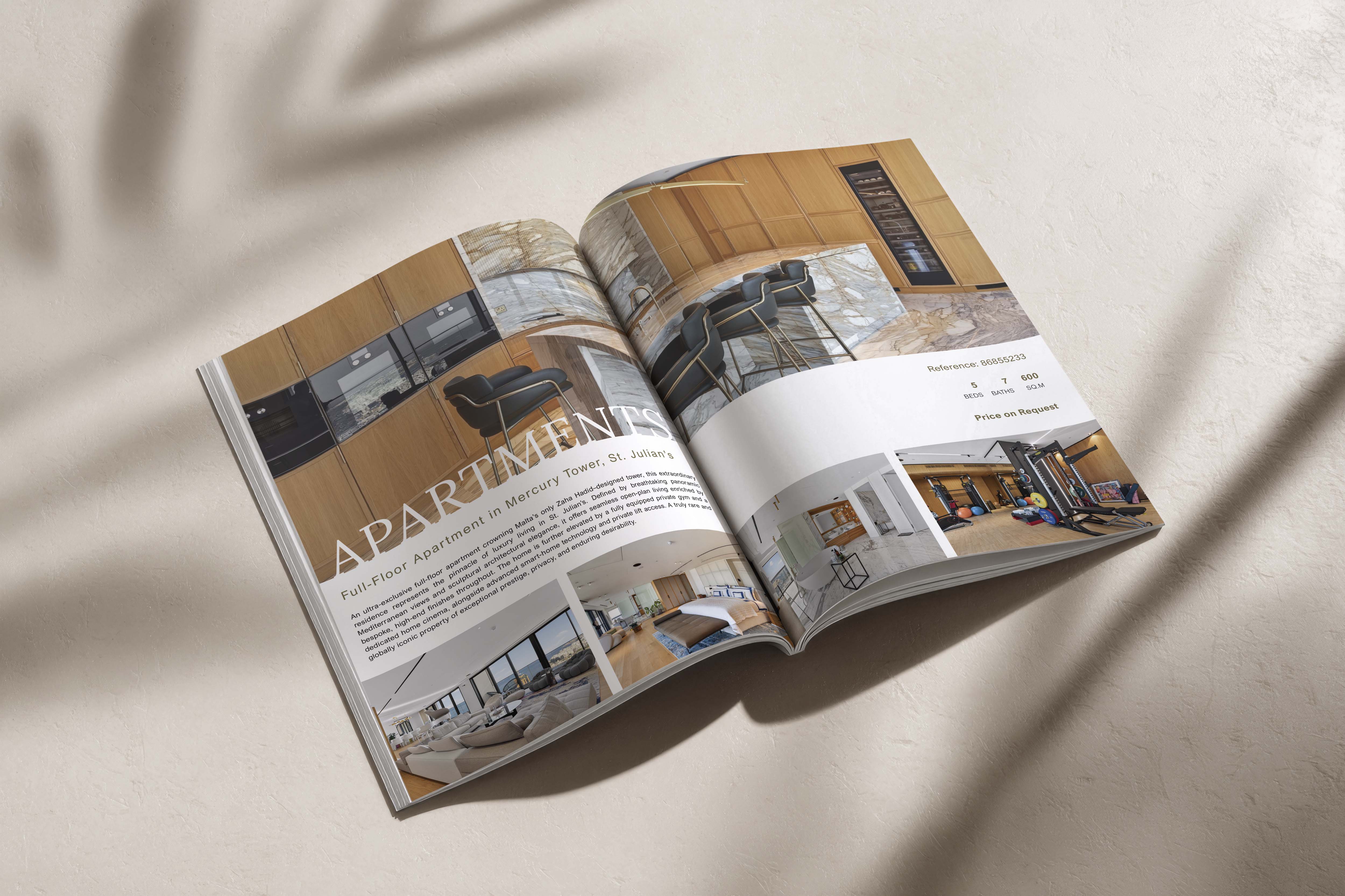 Open luxury real estate brochure showing a modern apartment with marble kitchen, bar stools, and smaller interior images, labelled “Apartments” with “Price on Request.”